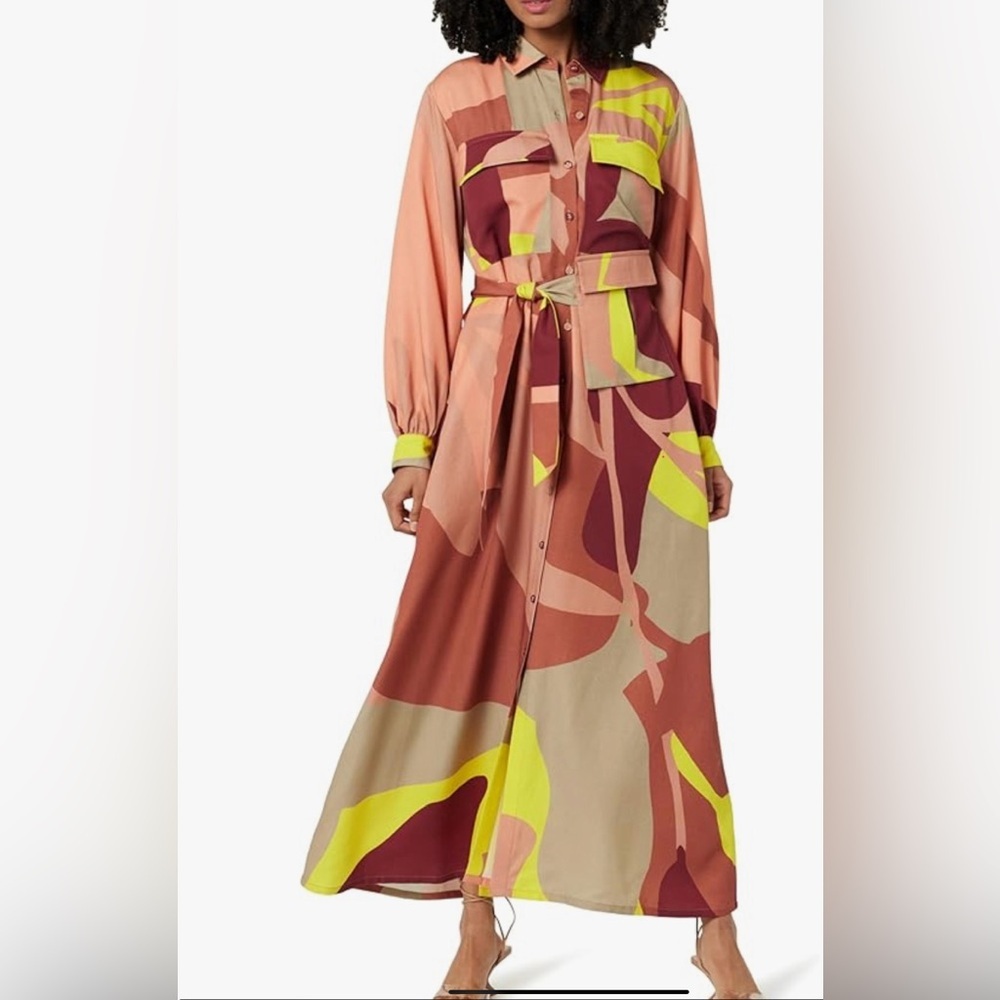The Drop x Takkunda Abstract Print Maxi Shirt Dress NWT Belted TENCEL Resort 70s